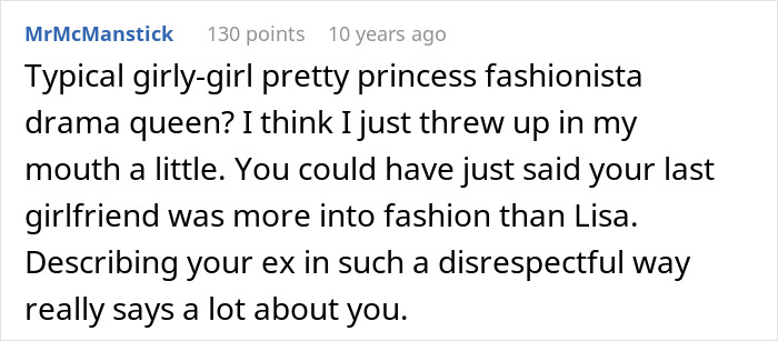 User comment discussing a guy upset his girlfriend refuses to wear dresses, highlighting fashion preferences and relationship drama.
