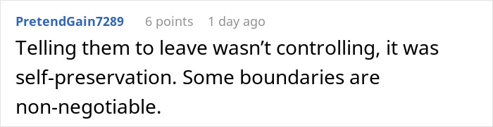 Comment text on a white background discussing boundaries and self-preservation in sibling and no consequences parenting conflict.