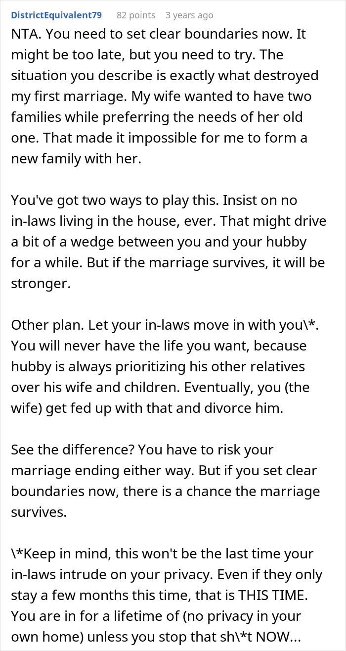 Text post discussing a woman fed up with in-laws constantly showing up unannounced and panicking when they want to move in.