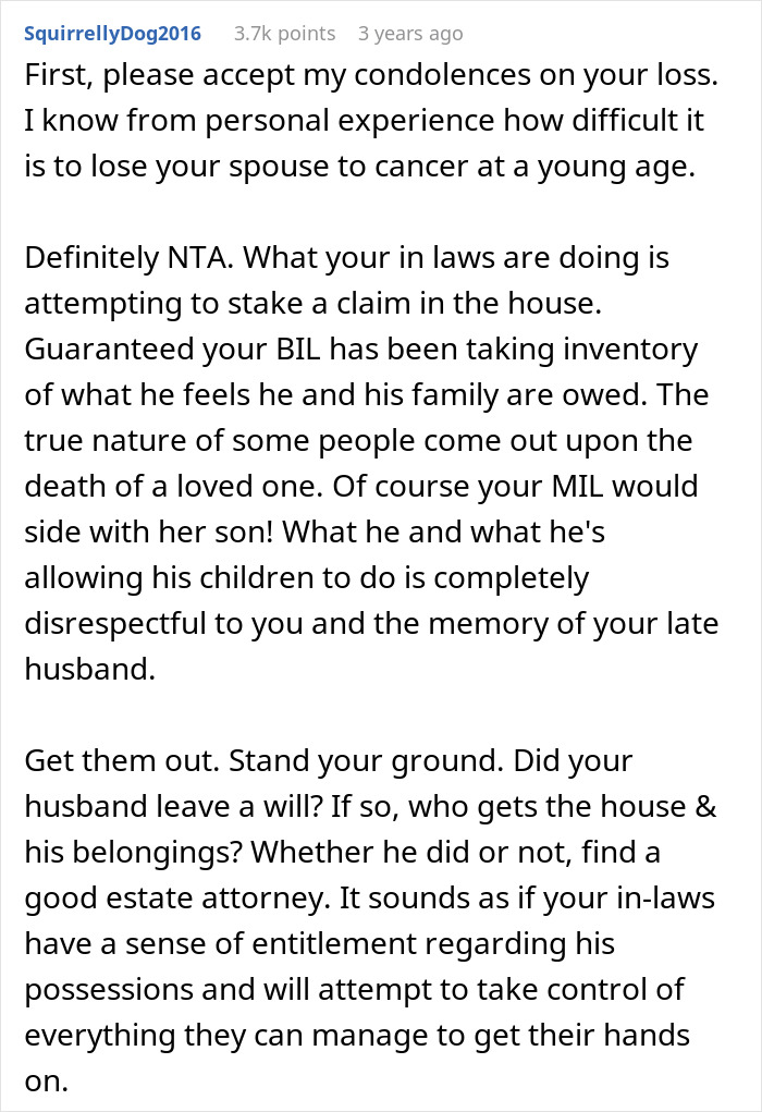 Screenshot of a Reddit comment discussing woman kicking late husband&rsquo;s brother and his kids out for using his belongings.