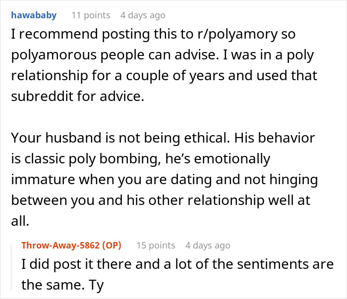 Screenshot of a Reddit conversation discussing challenges in a man poly relationship with a depressed wife.