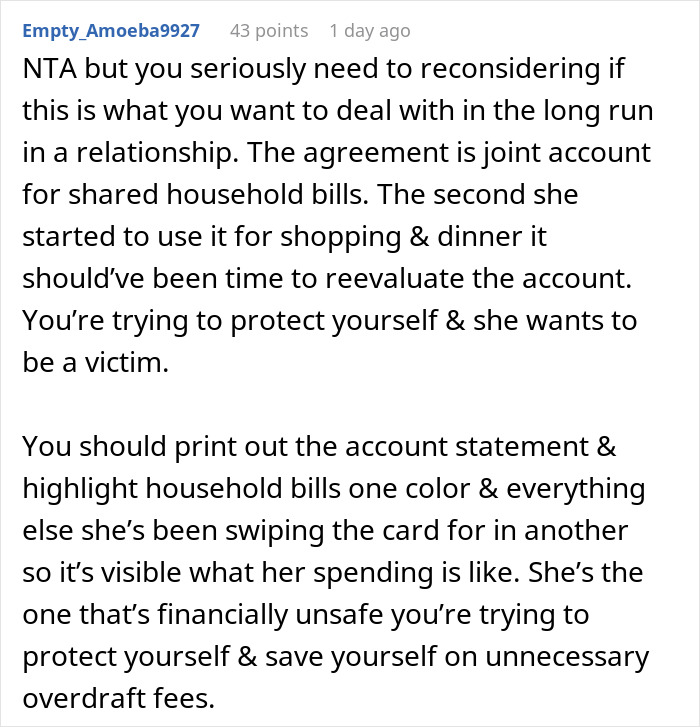 GF Keeps "Accidentally" Using Joint Account Money For Personal Expenses, Angry When BF Cuts Funds