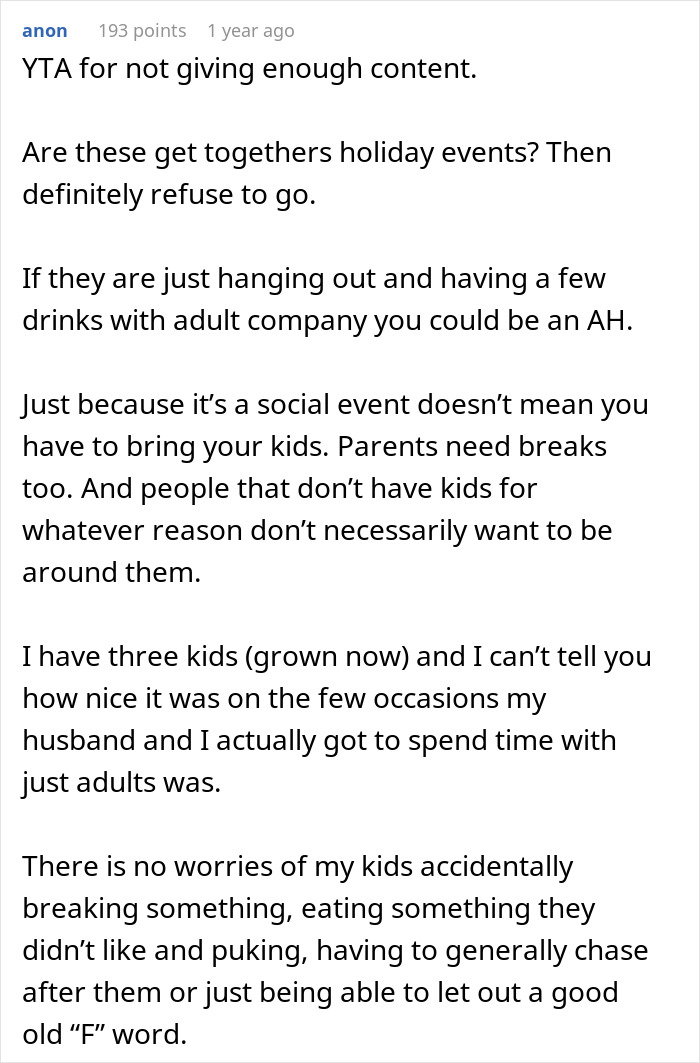 Comment discussing woman telling family no kids allowed in her home, brother feeling targeted by the decision.