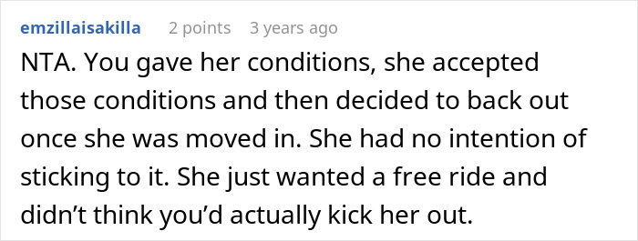 Screenshot of a Reddit comment discussing a woman refusing to house her sister after she refuses to babysit and clean.