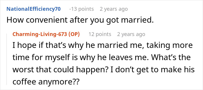 Screenshot of a forum discussion where a man takes advantage of wife&rsquo;s submissive nature and reacts after she stands up for herself.