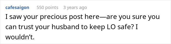 Screenshot of online comment questioning trust in husband to keep child safe amid CPS accusations sparked by MIL interference. Screenshot of online comment questioning trust in husband to keep child safe amid CPS accusations sparked by MIL interference.
