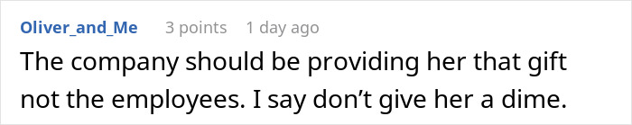 Text comment on a white background discussing refusal to contribute money to a coworker's retirement gift after past mistreatment.