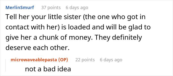 Reddit conversation showing adoptee and birth mom discussing DNA linked to sudden cash grab and financial demands.