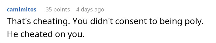 Comment discussing betrayal and lack of consent in a polyamorous relationship, reflecting on leaving polyamory.