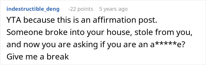 Comment on Reddit discussing theft and house breaking in relation to cheating ex-wife's boyfriend stealing expensive Lego sets and being arrested.