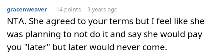 Reddit comment discussing a woman refusing to house her sister after she refuses to babysit and clean.