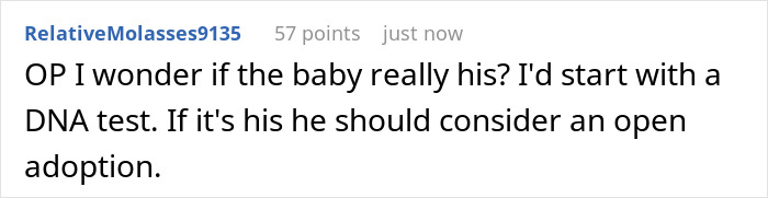Screenshot of a Reddit comment suggesting a DNA test and open adoption regarding a dad's surprise baby news.