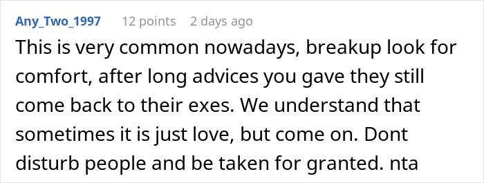 Comment on breakup and comfort seeking, highlighting emotional hurt and the importance of a best friend backup plan.