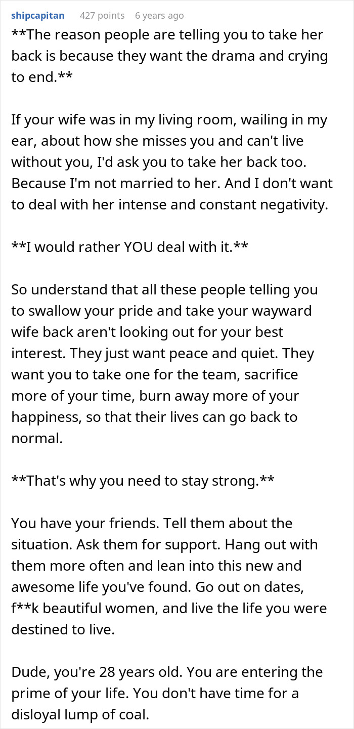 Text post discussing a man giving wife a second chance after she leaves and begs him to take her back.