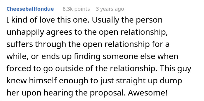 Screenshot of an online comment discussing a guy breaking up immediately after a woman suggests an open relationship.