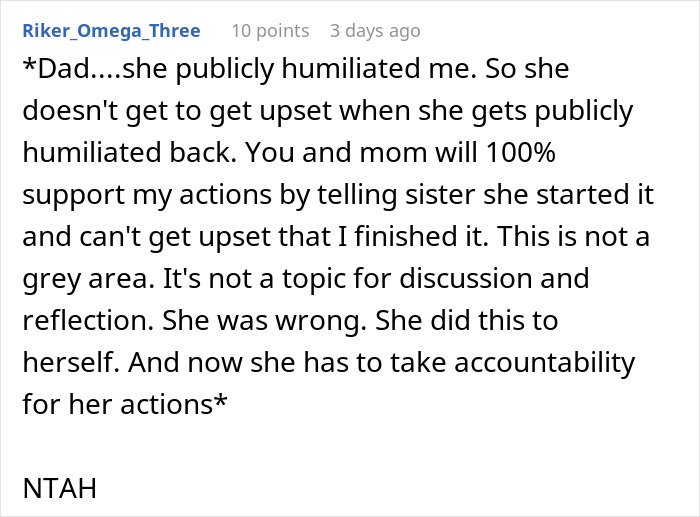 Screenshot of online comment where woman fires back after sister insults her, causing husband to go red and kids to be confused.