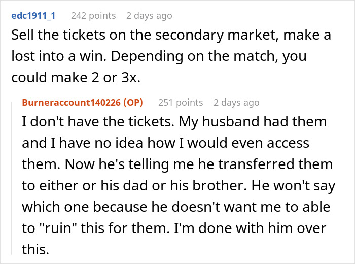 Reddit conversation showing wife&rsquo;s frustration as jobless spouse drains emergency fund for essential World Cup tickets.