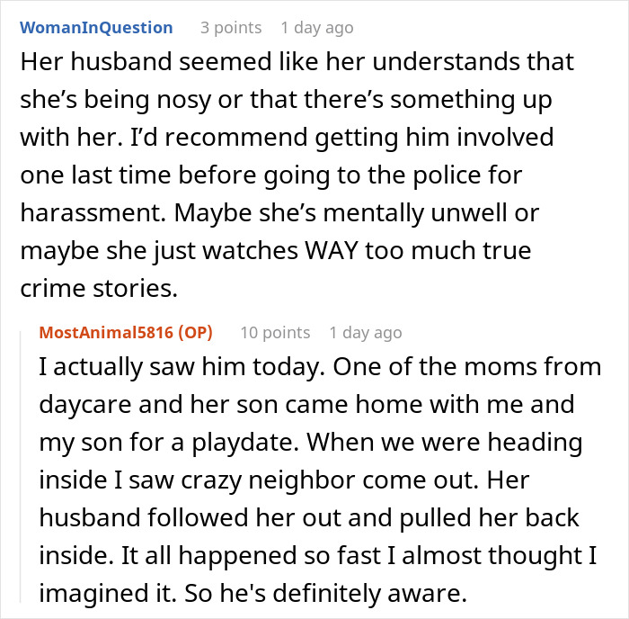 Screenshot of an online discussion about a man stressed and paranoid due to an unhinged neighbor's harassment.