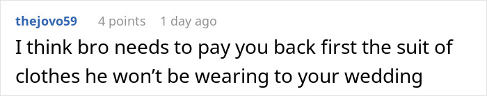 Screenshot of a comment discussing the groom&rsquo;s brother causing drama and conflict around the wedding day events.