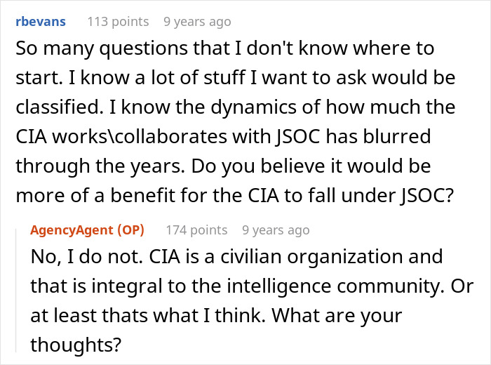 Screenshot of an online discussion where a former CIA case officer answers questions about CIA and JSOC collaboration.