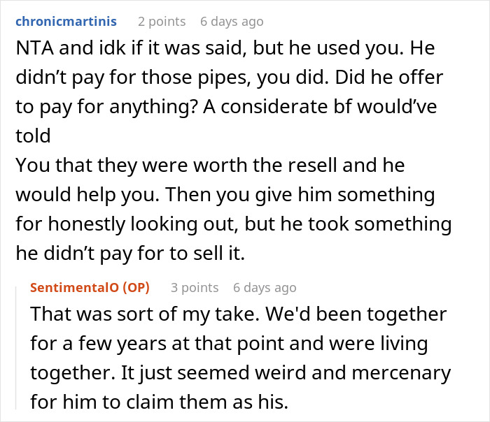 Text conversation about a guy turning his girlfriend’s bike spare parts purchase into profit and refusing to share it.
