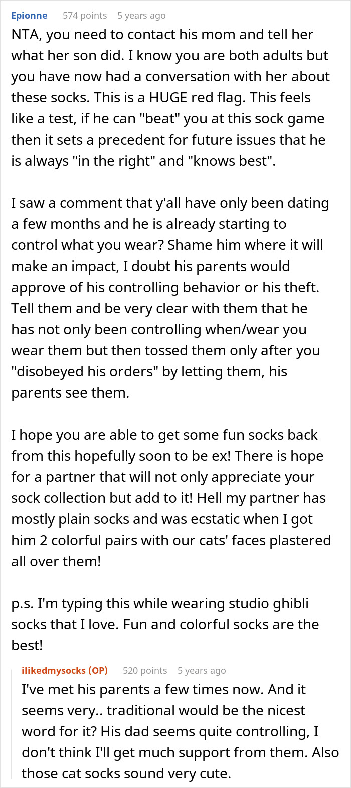 Woman wearing fun socks showcases her colorful sock collection after boyfriend trashed them in anger.