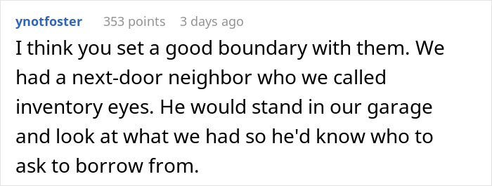 Comment text discussing setting boundaries with a neighbor about lending a new snow blower to a stranger.