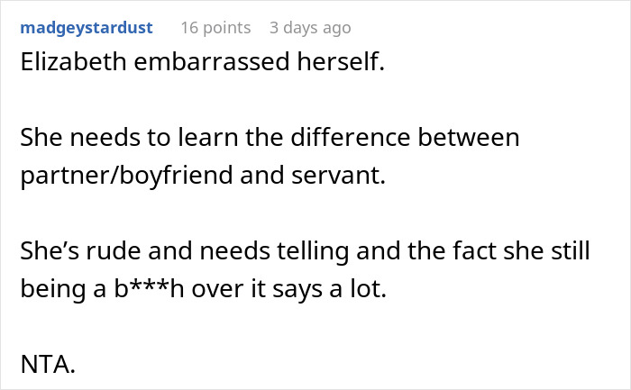 Screenshot of a comment criticizing a woman who volunteered her boyfriend for free labor and acted insulted when he refused.