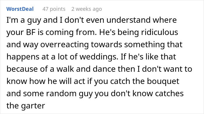 Text post discussing a man who can&rsquo;t handle his girlfriend doing maid of honor duties at a friend&rsquo;s wedding.