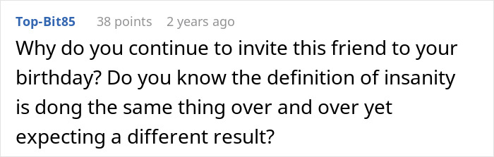 Screenshot of a comment discussing frustration with a friend&rsquo;s strict diet enforced even on birthday celebrations.