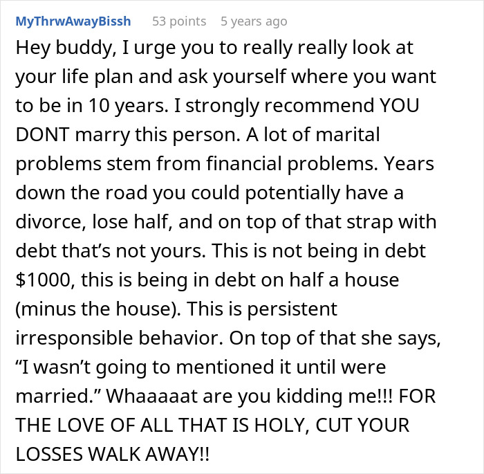 Comment advising a guy to call off wedding due to fianc&eacute;e&rsquo;s secret financial debts and irresponsible behavior.