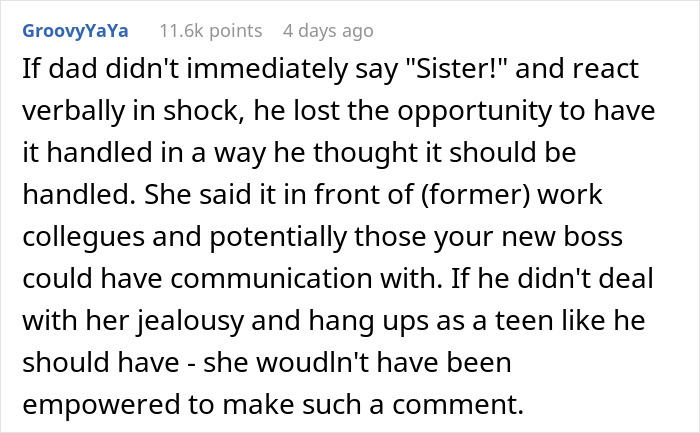 Text post showing a comment about a woman firing back after sister insults her, making husband go red and kids confused.