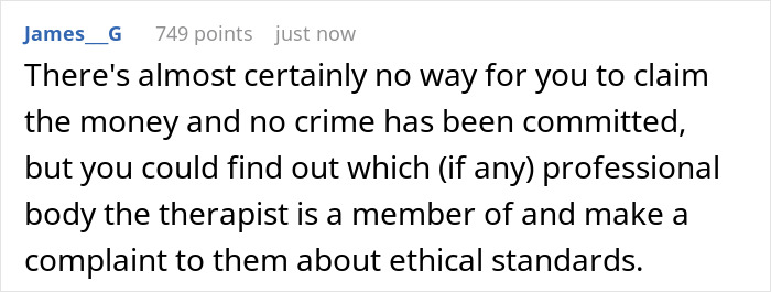 Screenshot of an online comment discussing ethical standards related to therapy and marriage counseling issues.