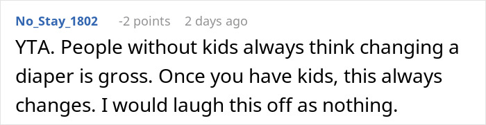 Screenshot of a social media comment about parenting, discussing diaper changing and reactions from parents and friends.