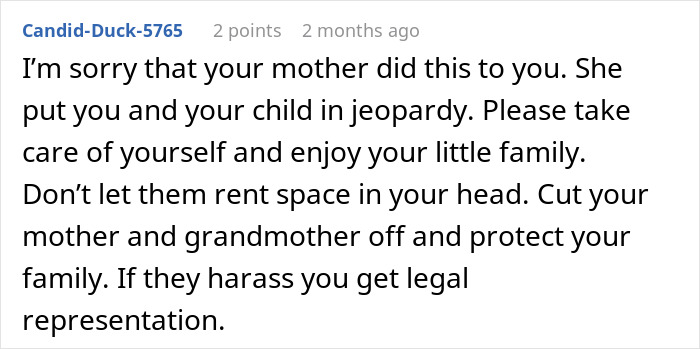 Comment expressing sympathy for mother retaliating against postpartum boundaries, encouraging protection and legal action if harassed.