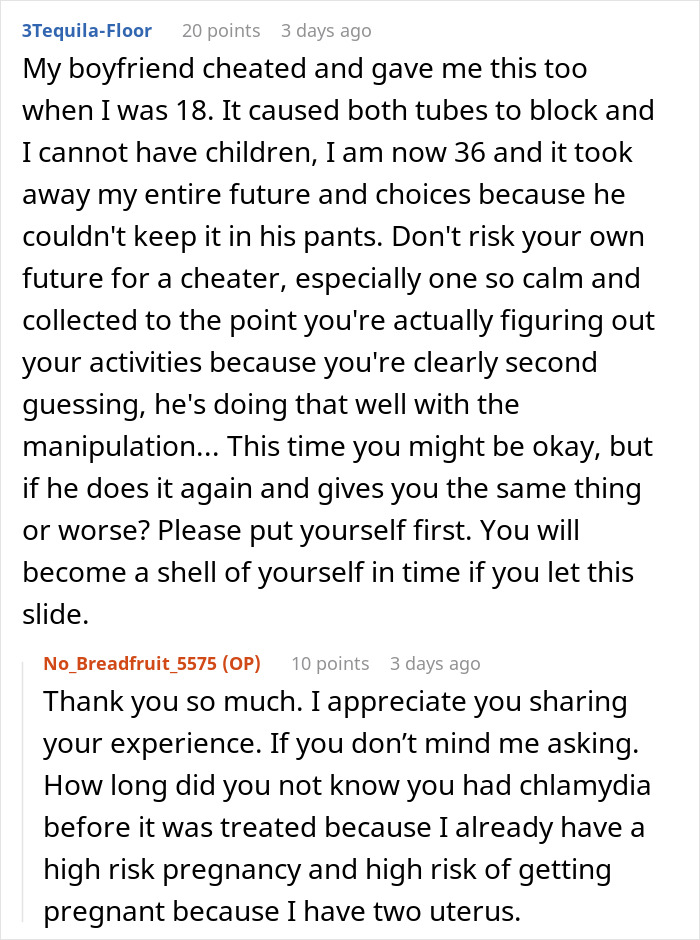 Comments discussing chlamydia and boyfriend cheating causing serious relationship and health consequences.