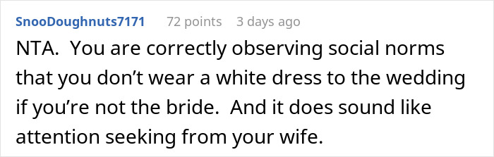 Comment discussing social norms about wedding attire and criticizing a wife’s choice ahead of brother’s wedding.