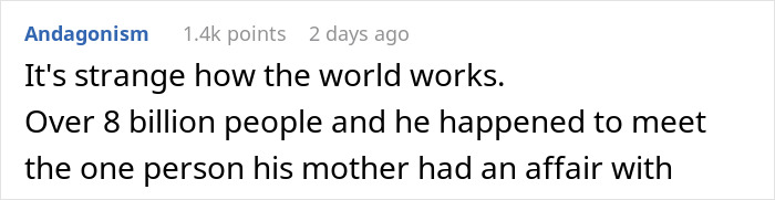 Text post from a user reflecting on the coincidence of meeting someone linked to his mother’s affair, highlighting elderly cheating themes. Text post from a user reflecting on the coincidence of meeting someone linked to his mother’s affair, highlighting elderly cheating themes.