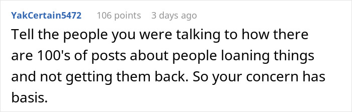 Screenshot of a Reddit comment discussing concerns about lending items and not getting them returned.