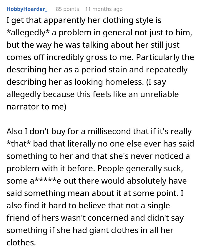 Commenter discussing embarrassment and childhood trauma related to girlfriend&rsquo;s clothing style and perception by others online.