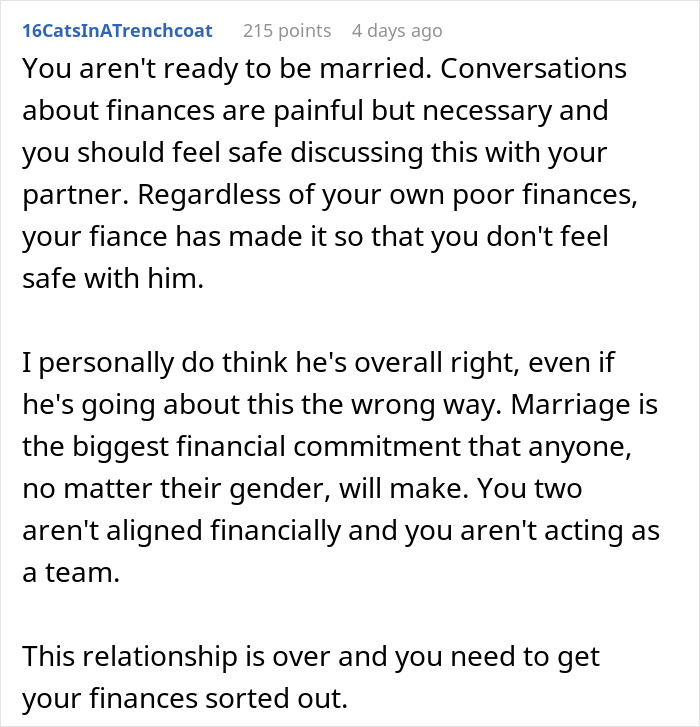 Alt text: Text discussing boyfriend giving girlfriend up to a year to fix finances before marriage due to financial misalignment.