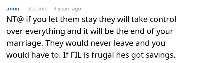 Screenshot of an online comment expressing frustration about in-laws constantly showing up unannounced and causing stress.