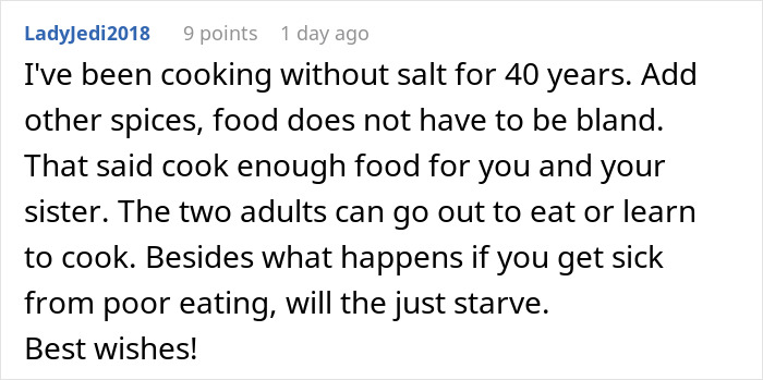 Family Demands Woman Make Separate Meals For Them: "Don't Want To Eat What My Doctor Told Me"