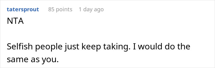 Screenshot of a Reddit comment about a woman repeatedly asking favors from family without reciprocating help when needed.