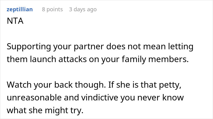 Comment about a husband leaving wife after she reveals her outfit plans for brother's wedding, warning about vindictive behavior.