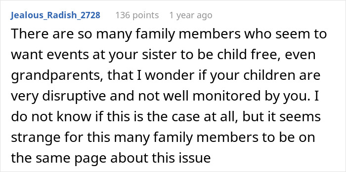 Alt text: Online comment discussing family dynamics about child-free home rules and feelings of being targeted by siblings