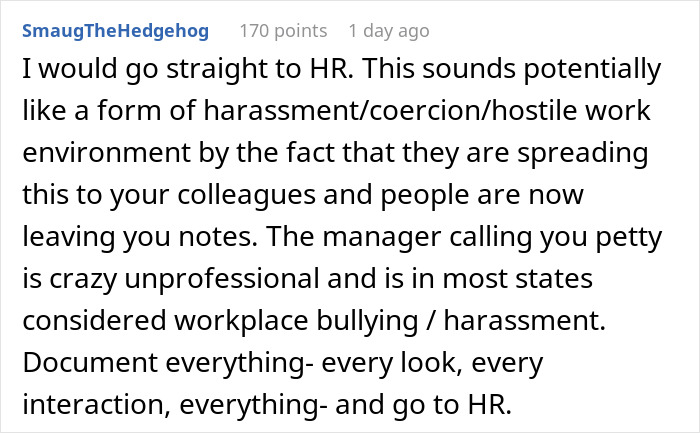 Alt text: Online comment advising to report workplace bullying and harassment in a hostile work environment involving a coworker.