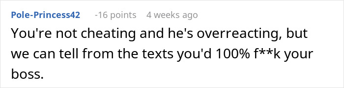 Comment discussing if conversations with boss were inappropriate, reflecting on boyfriend&rsquo;s strong reaction to the messages.