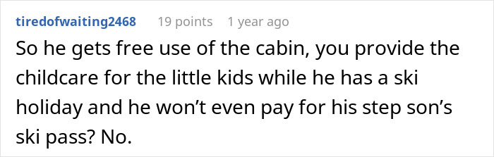 Screenshot of an online comment discussing a partner refusing to pay for a stepson&rsquo;s ski pass during a ski holiday.