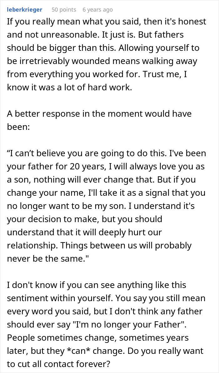 Text post discussing drama over last name and relationship with biological dad, highlighting emotional father-son conflict.